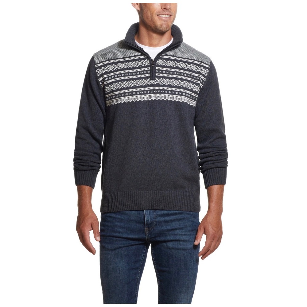 Weatherproof Vintage Men's Quarter-Zip Pullover Sweater – Grey & White – Size M
